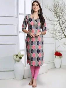 7Threads Ethnic Motifs Printed Round Neck Crepe Straight Kurta