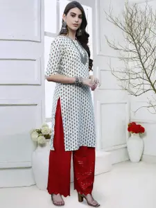 7Threads Ethnic Motifs Printed Round Neck Crepe Straight Kurta