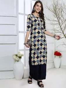7Threads Geometric Printed Round Neck Crepe Straight Kurta