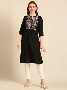 Anouk Black Floral Embroidered Mandarin Collar Pure Cotton A-Line Kurta