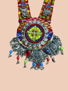 VIVAZS German Silver Plated Stones Studded and Beaded Oxidised Statement Necklace