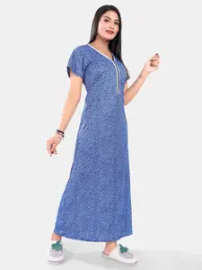 Be You Women Printed Satin Short Sleeves Maxi Nightdress