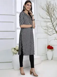 7Threads Women Geometric Striped Flared Sleeves Thread Work Floral Crepe Pathani Kurta
