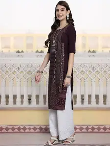 7Threads Women Printed Cold-Shoulder Sleeves Thread Work Floral Crepe Kurta