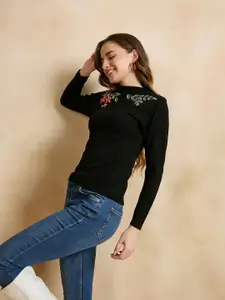 CLAPTON Women Floral Woollen Pullover with Embroidered Detail