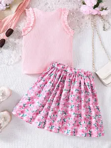 INCLUD Girls Floral Printed Sleeveless Top With Skirt