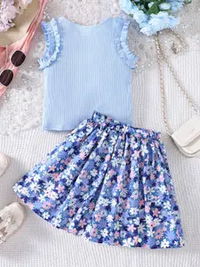 INCLUD Girls Floral Printed Round Neck Sleeveless Top with Skirt