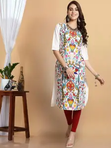 7Threads Floral Printed Round Neck Crepe Straight Kurta