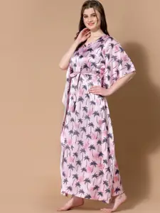 MBeautiful Women Satin Tropical Printed Kaftan Maxi Nightdress