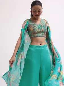 KALKI Fashion Floral Embroidered Crop Top With Palazzos & Shrug