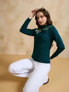 CLAPTON Women Floral Woollen Pullover with Embroidered Detail