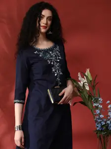 Anouk Floral Embroidered Round Neck Three-Quarter Sleeves Regular Cotton A-Line Kurta