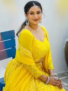 ODETTE Embroidered Mirror Work Semi-Stitched Lehenga & Unstitched Blouse With Dupatta