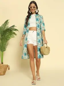 ADDYVERO Floral Printed Mandarin Collar Longline Shrug