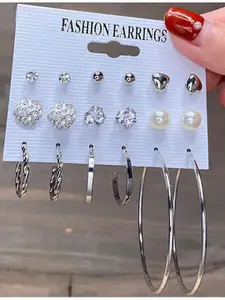 MEENAZ Set Of 9 Silver-Plated Contemporary Studs