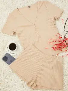 Trendyol Women Striped V-neck Short Sleeves Night suit