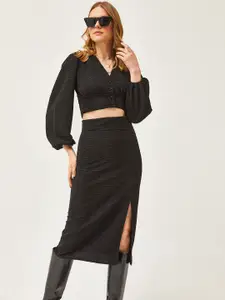 Olalook Self Design Crop Top With Knee Length Skirt