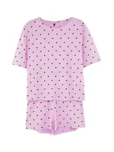 Trendyol Women Geometric Printed Round Neck Pure Cotton Night suit