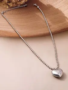 Rubans Rhodium Plated Silver Beaded Metallic Silver Heart Pendant Necklace
