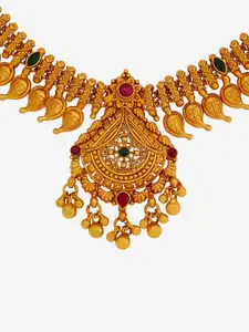 Kushal's Fashion Jewellery 92.5 Pure Silver Gold-Plated Stone Studded Temple Necklace