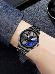 IIK COLLECTION Men Round Car Wheel Dial With Spinning Car Rim Hub Chain Analogue Watch