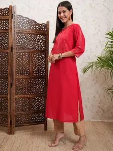 Vishudh Red Floral Printed Cotton Straight Kurta
