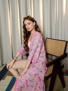 Berrylush Floral Printed Longline Open Front Shrug