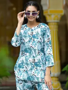 KALINI Floral Printed Notch Neck Top With Trousers