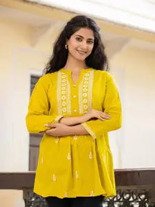 KAAJH Ethnic Motifs Embroidered V-Neck Chikankari Pure Cotton Chikankari Kurti