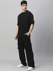 PRONK Black Solid Round Neck T-Shirt & Trousers Co-Ords