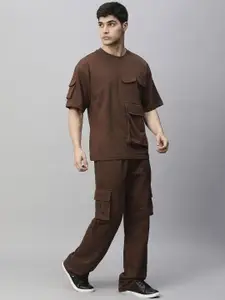 PRONK Brown Solid Co-Ords with T-Shirt & Trousers