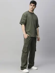 PRONK Olive Green Round Neck T-Shirt with Cargo Trousers