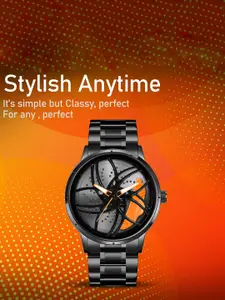 IIK COLLECTION Men Round Car Wheel Dial With Spinning Car Rim Hub Chain Analogue Watch