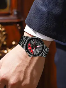 IIK COLLECTION Men Round Car Wheel Dial With Spinning Car Rim Hub Chain Analogue Watch