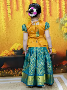BownBee Girls Woven Design Puffed Sleeves Zari Ready to Wear Pavda Pattu Lehenga & Blouse