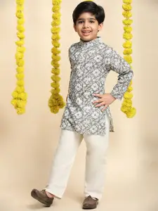 Cutiekins Boys Floral Printed Band Collar Straight Kurta With Trousers