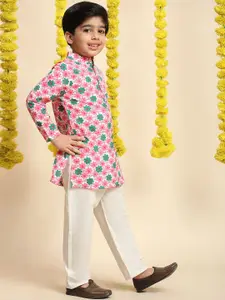 Cutiekins Boys Floral Printed Band Collar Straight Kurta With Trousers