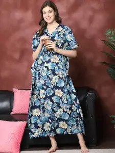 Claura Women Floral Printed Pure Cotton kaftan Maxi Nightdress