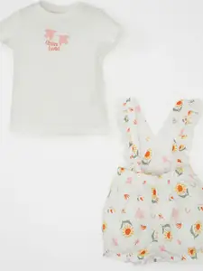 DeFacto Girls Printed Pure Cotton Dungarees With T-shirt