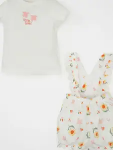 DeFacto Girls Graphic Printed Pure Cotton T-shirt With Dungaree