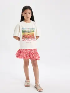 DeFacto Girls Printed Pure Cotton T-shirt with Skirt
