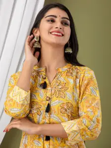 KALINI Floral Printed Mandarin Collar Maxi Cotton Fit and Flare Ethnic Dress