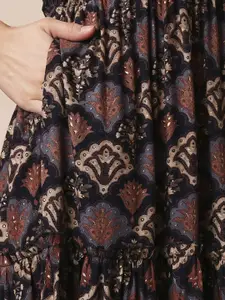 Globus Ethnic Motif Print Adjustable Strappy Shoulder Fit & Flare Tiered Midi Fusion Dress