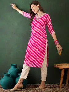 Sangria Leheriya Prited V-Neck Mirror Work Georgette Straight Kurta