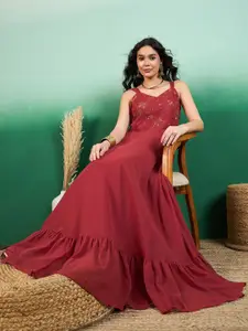 Sangria Women Floral Thread and Sequinned Embroidered Maxi Ethnic Dress