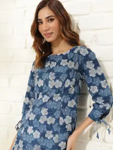 Fabindia Floral Printed Slit Sleeves Cotton A-Line Dress