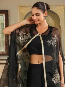 Janasya Georgette Zari Embroidered Crop Top With Trousers & Cape Set