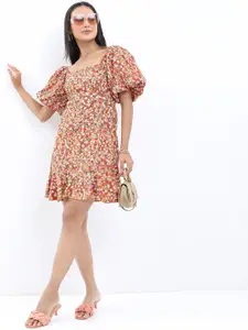 Tokyo Talkies Floral Print Puff Sleeve A-Line Dress