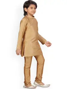BAESD Boys Woven Design Angrakha Mandarin Collar Cotton Straight Zari Kurta With Churidar