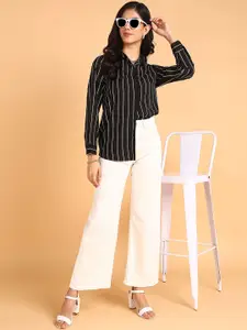 DressBerry Women Spread Collar Vertical Striped Casual Shirt